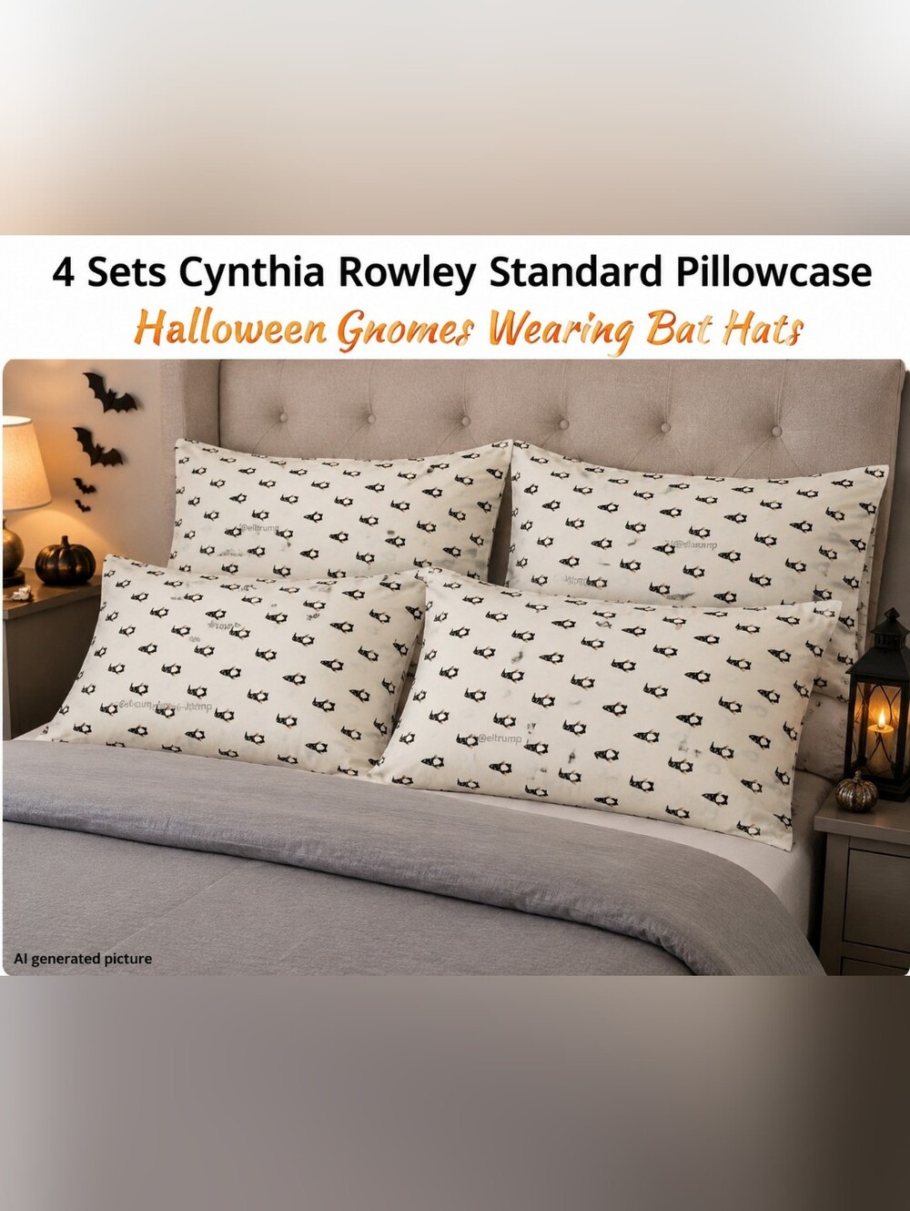 4 Sets Cynthia Rowley Standard Pillowcase Halloween Gnomes Wearing Bat Hats